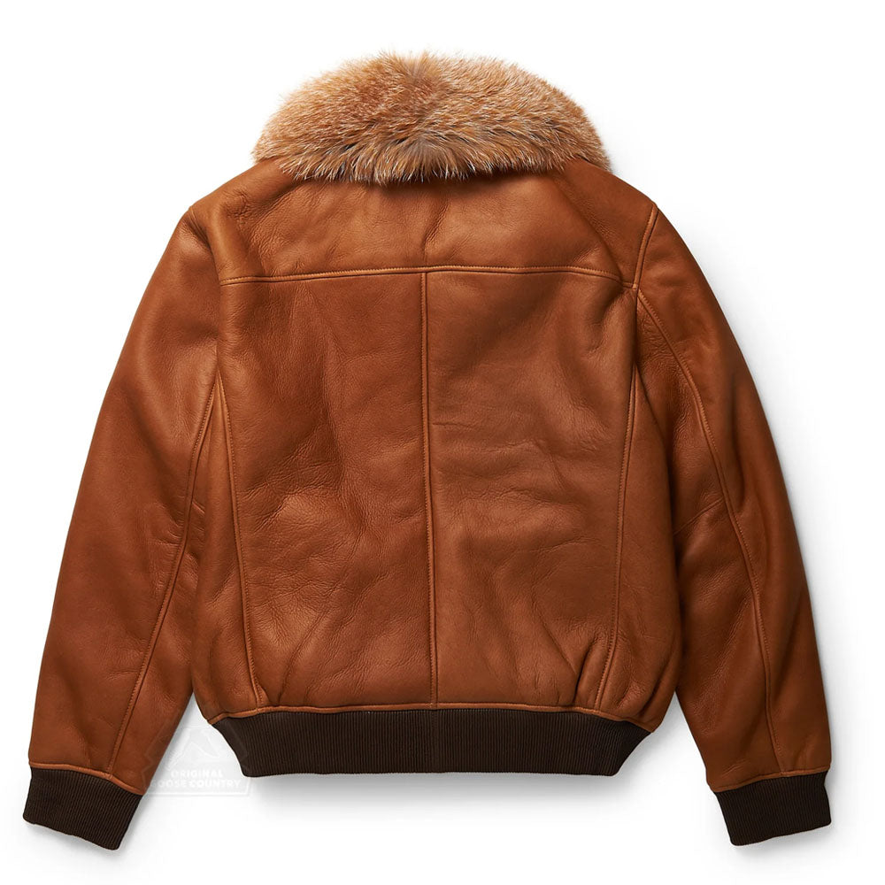 Men Brown Bomber Aviator Sheepskin Fur Collar Leather Jacket