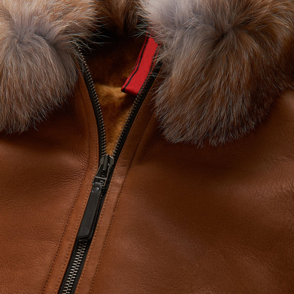 Men Brown Bomber Aviator Sheepskin Fur B3 Leather Jacket