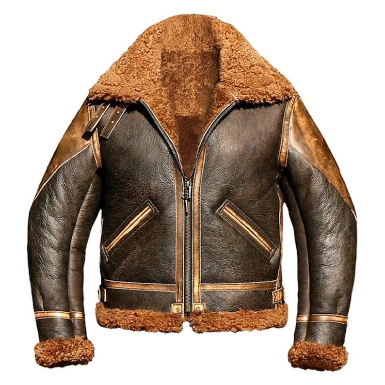 Men B3 Flight Aviator Fur Bomber Sheepskin Brown Leather Jacket