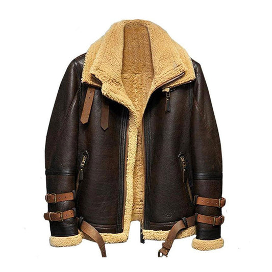 Men Flight Aviator Sheepskin Pilot Fur Bomber Brown Leather Jacket