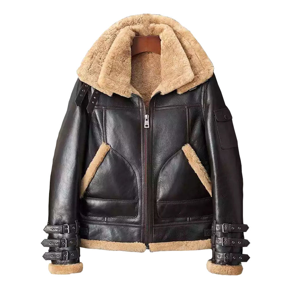 Men B3 Aviator Bomber Flight Double Collar Sheepskin Brown Leather Jacket