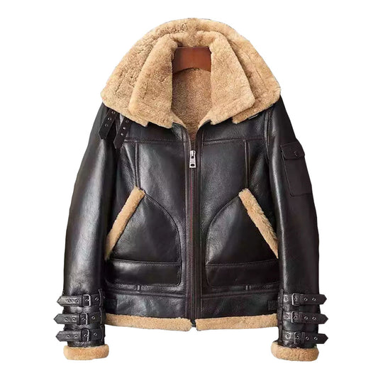 Men B3 Aviator Bomber Flight Double Collar Sheepskin Brown Leather Jacket