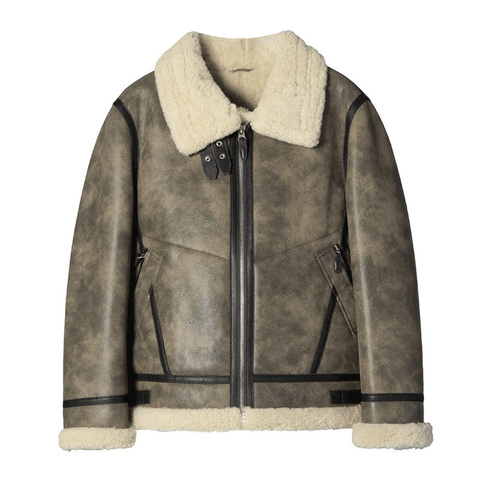 Men Airforce Flight Aviator Shearling Fur Flying Bomber Brown Leather Jacket