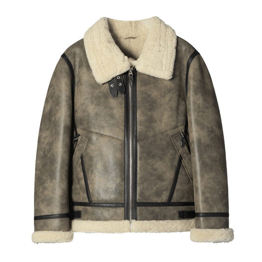 Men Airforce Flight Aviator Shearling Fur Flying Bomber Brown Leather Jacket