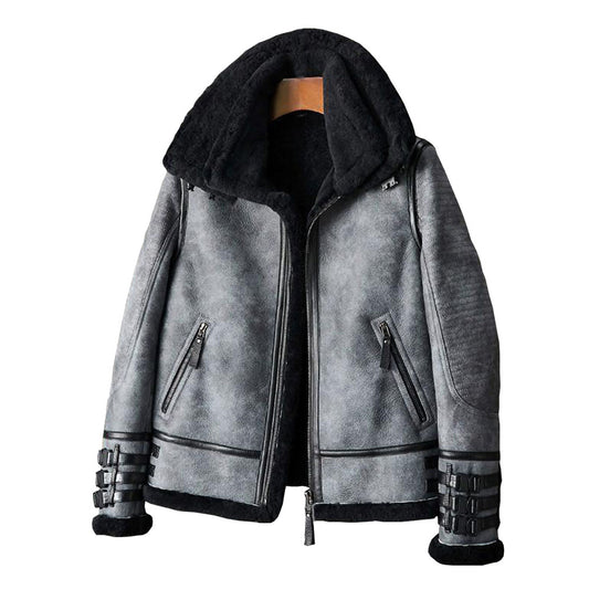 Sheepskin B3 Bomber Flight Double Collar Fur Gray Leather Jacket