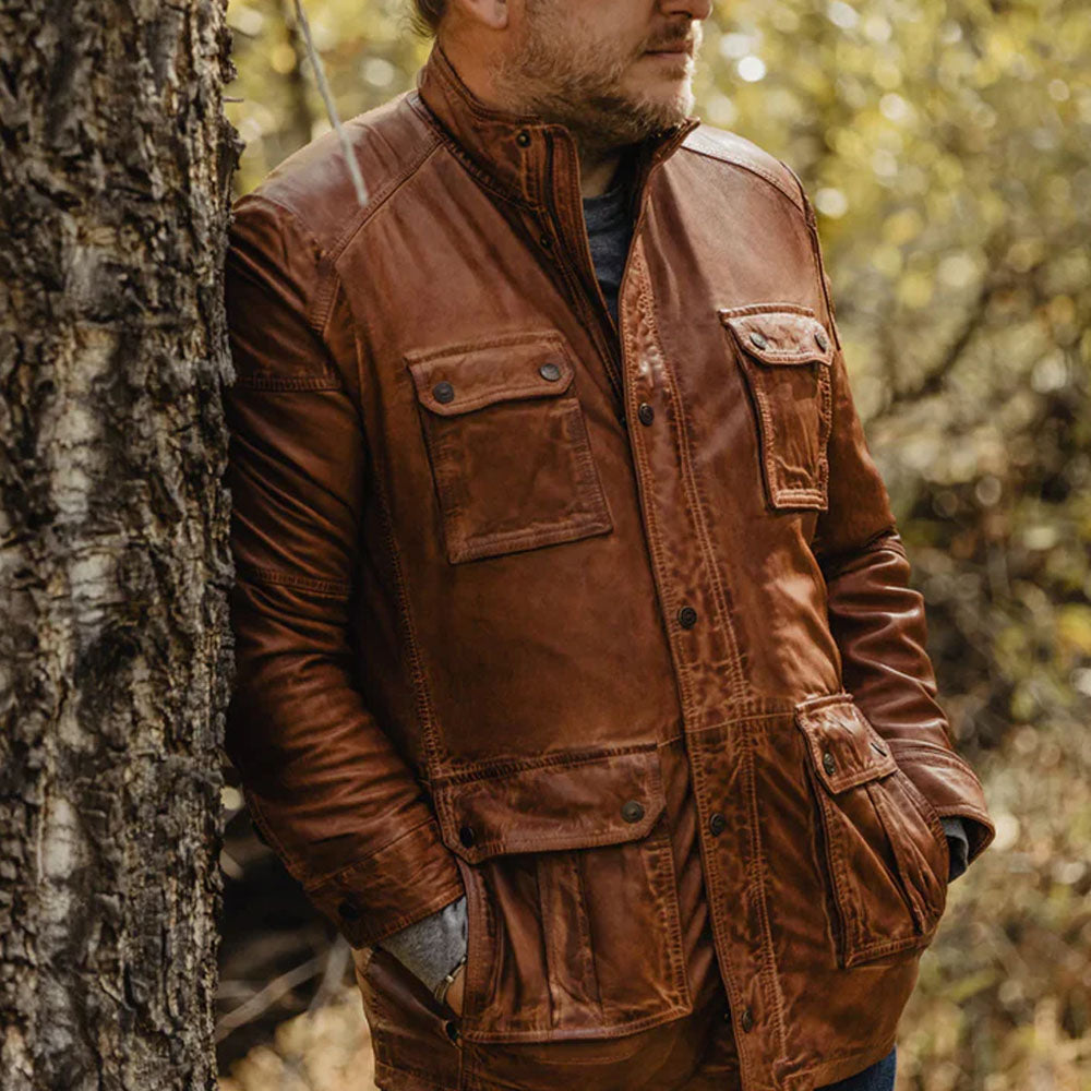 Men Lambskin Pure Leather Brown Field Jacket