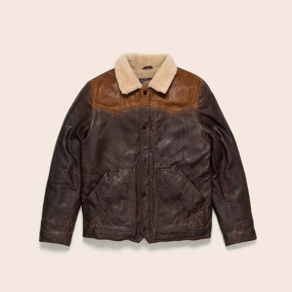 Double Tone Brown Sheepskin Fur Collar Leather Jacket
