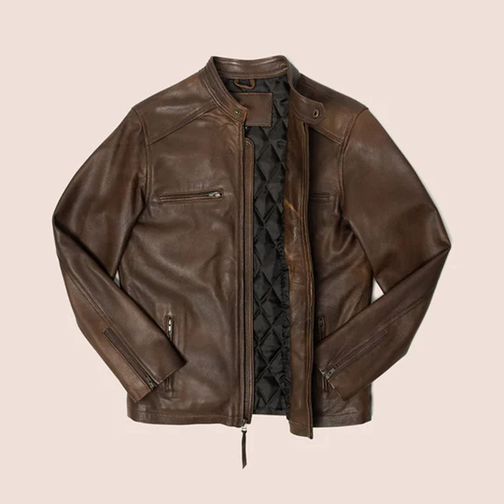 Brown Cafe Racer Men Motorcycle Leather Lambskin Jacket