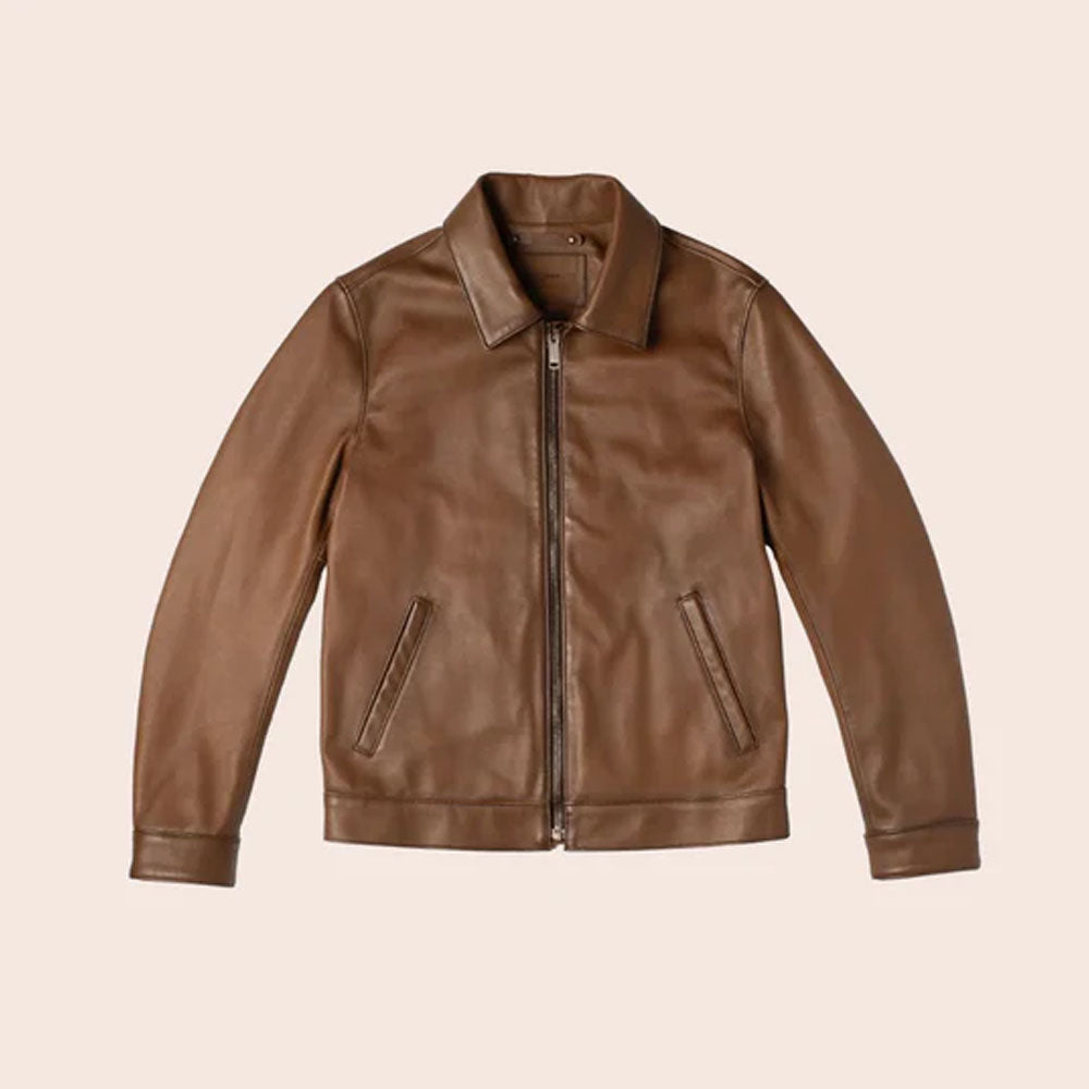Men's Brown Point Collar Sheepskin Leather Jacket