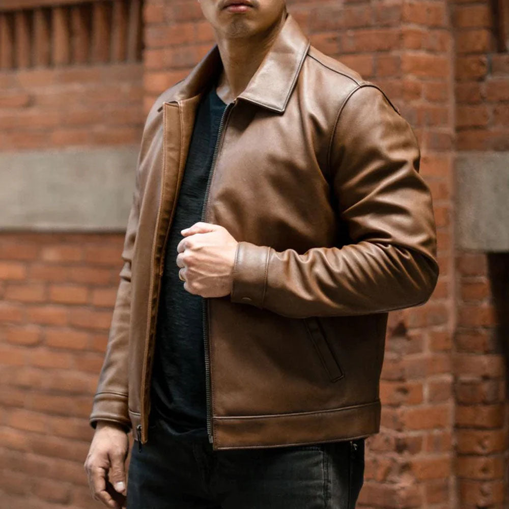 Men's Point Collar Sheepskin Leather Jacket