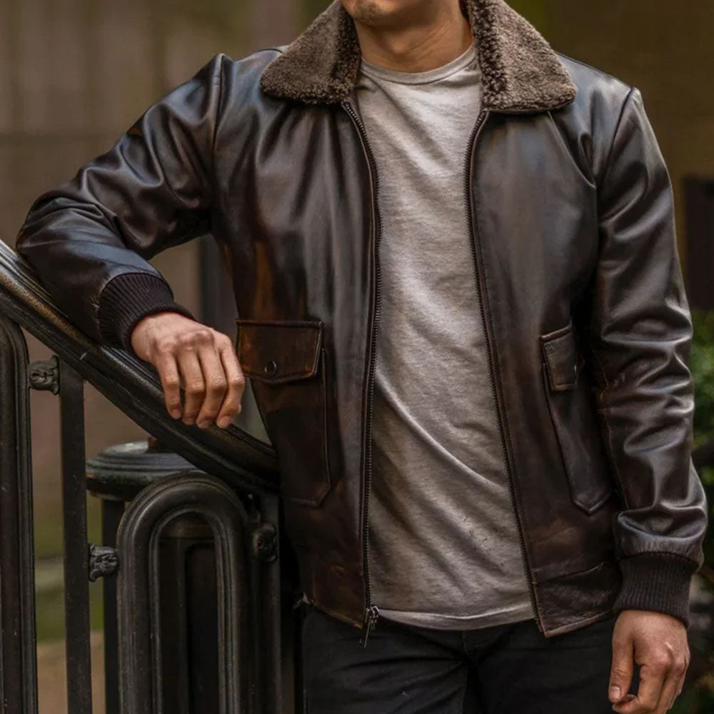 Iconic Brown Trucker Bomber Leather Fur Collar Jacket