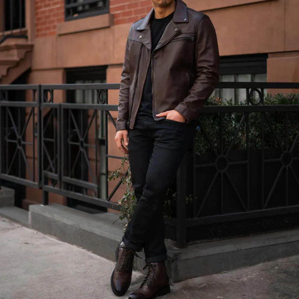 Brown Men Racer Leather Jacket