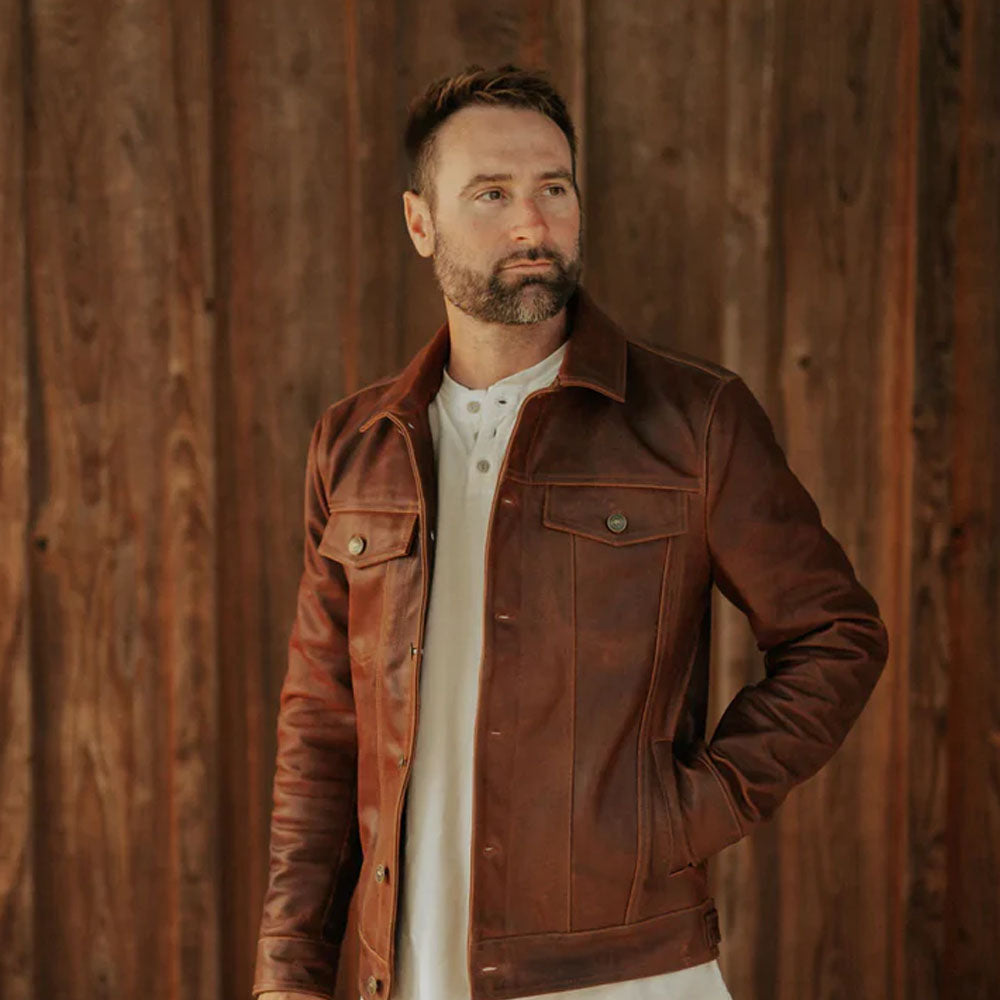 Men's Plain Trucker Goatskin Leather Jacket