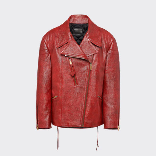 Women Red Sheepskin Riding Leather Motorcycle Biker Jacket