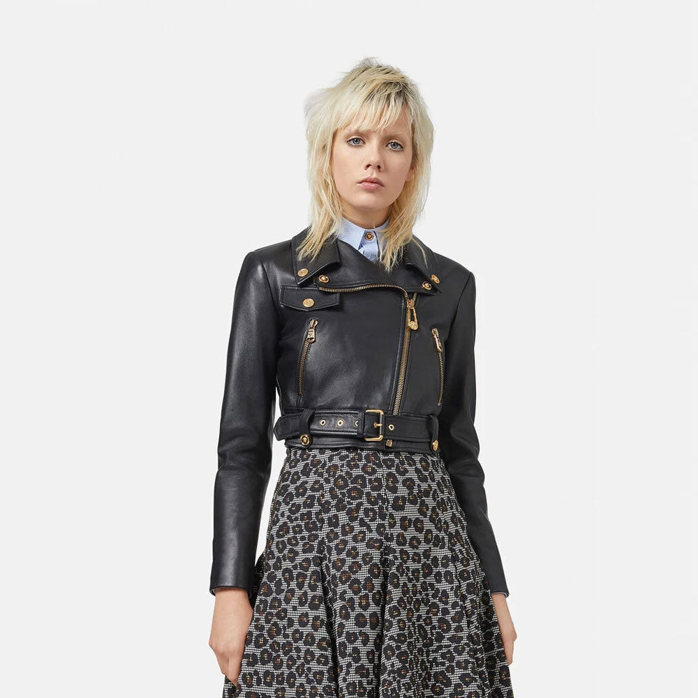 Women's Black sheepskin Leather Motorcycle biker jacket