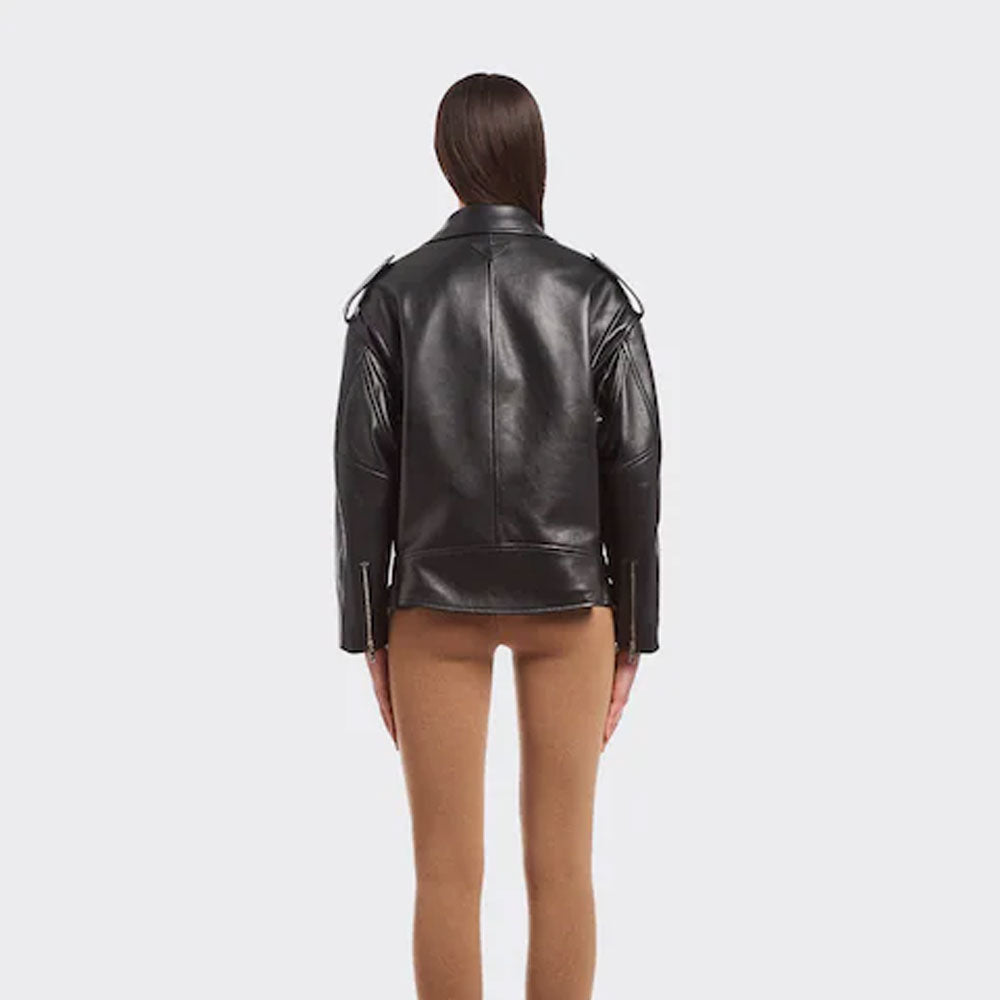 New Black Women's Sheepskin Motorcycle Leather Biker Jacket