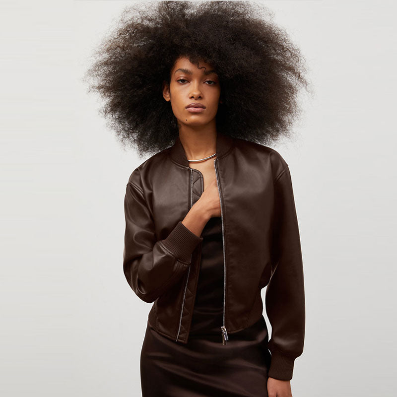 New Women's Brown Aviator Sheepskin Shearling Cowhide Leather Biker Jacket
