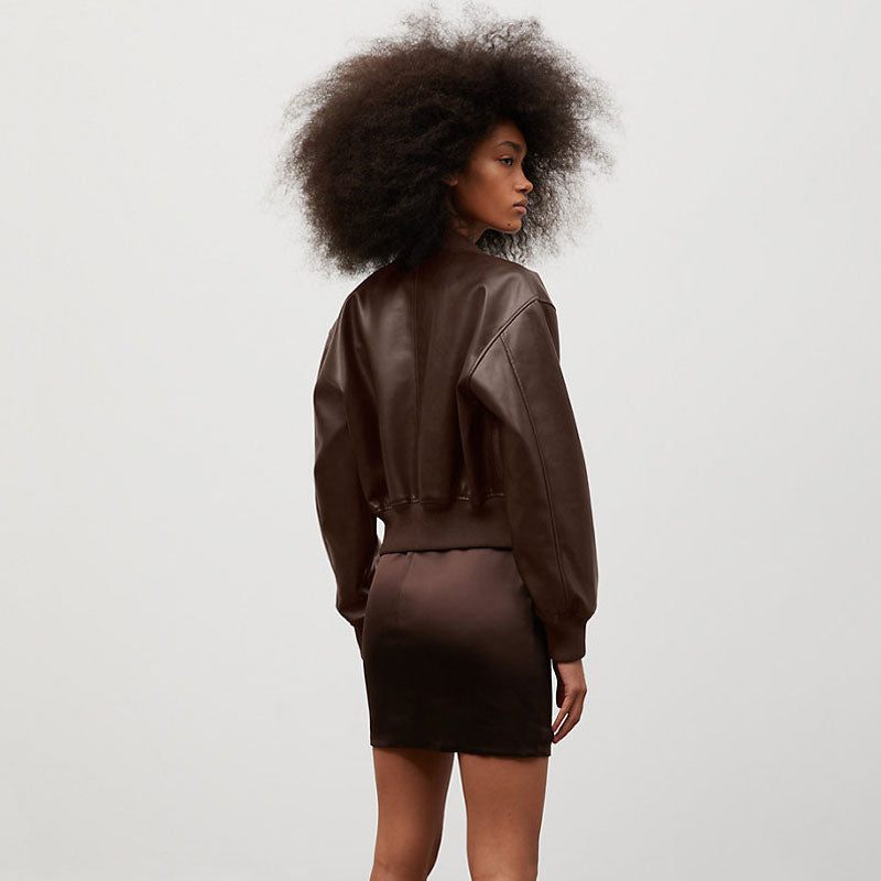 New Women's Brown Aviator Sheepskin Shearling Cowhide Leather Biker Jacket