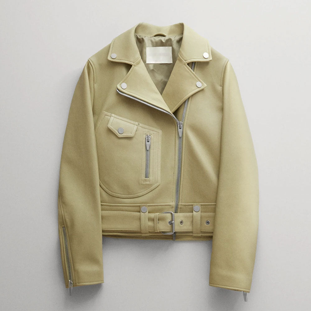 Women Beige Lambskin Motorcycle Riding Leather Biker Jacket