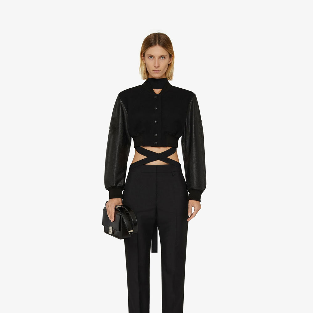 New Black Women Sheepskin Shearling Trimmed Textured Leather Bomber Biker jacket