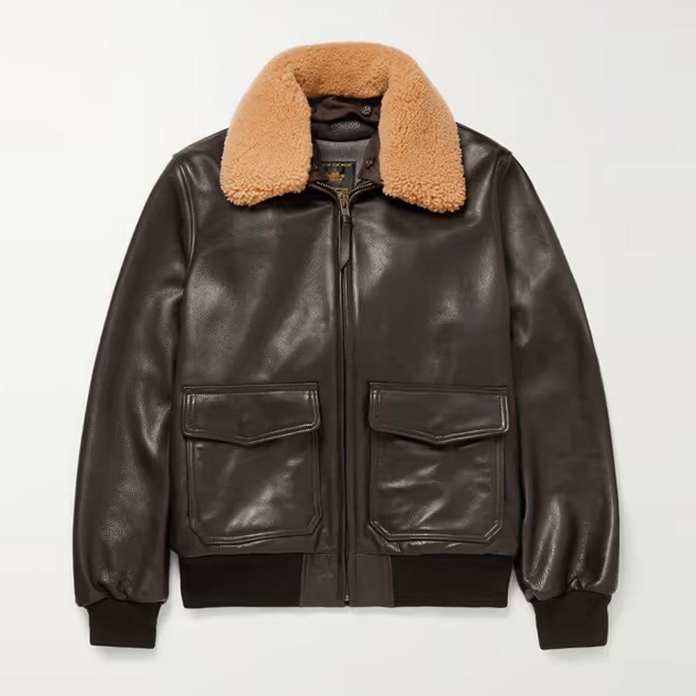 Aviator Bomber Sheepskin Flying Airforce Brown Fur Collar Shearling Leather Jacket
