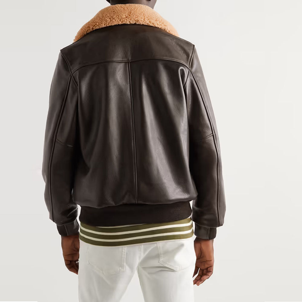 Aviator Bomber Sheepskin Airforce Brown Fur Collar Shearling Leather Jacket