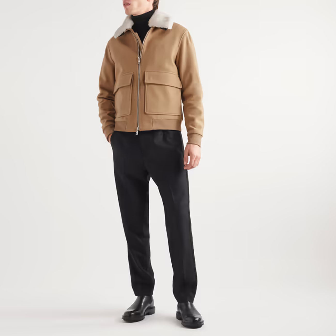 Men Aviator Bomber Trimmed Wool RAF Flight Shearling Leather Jacket