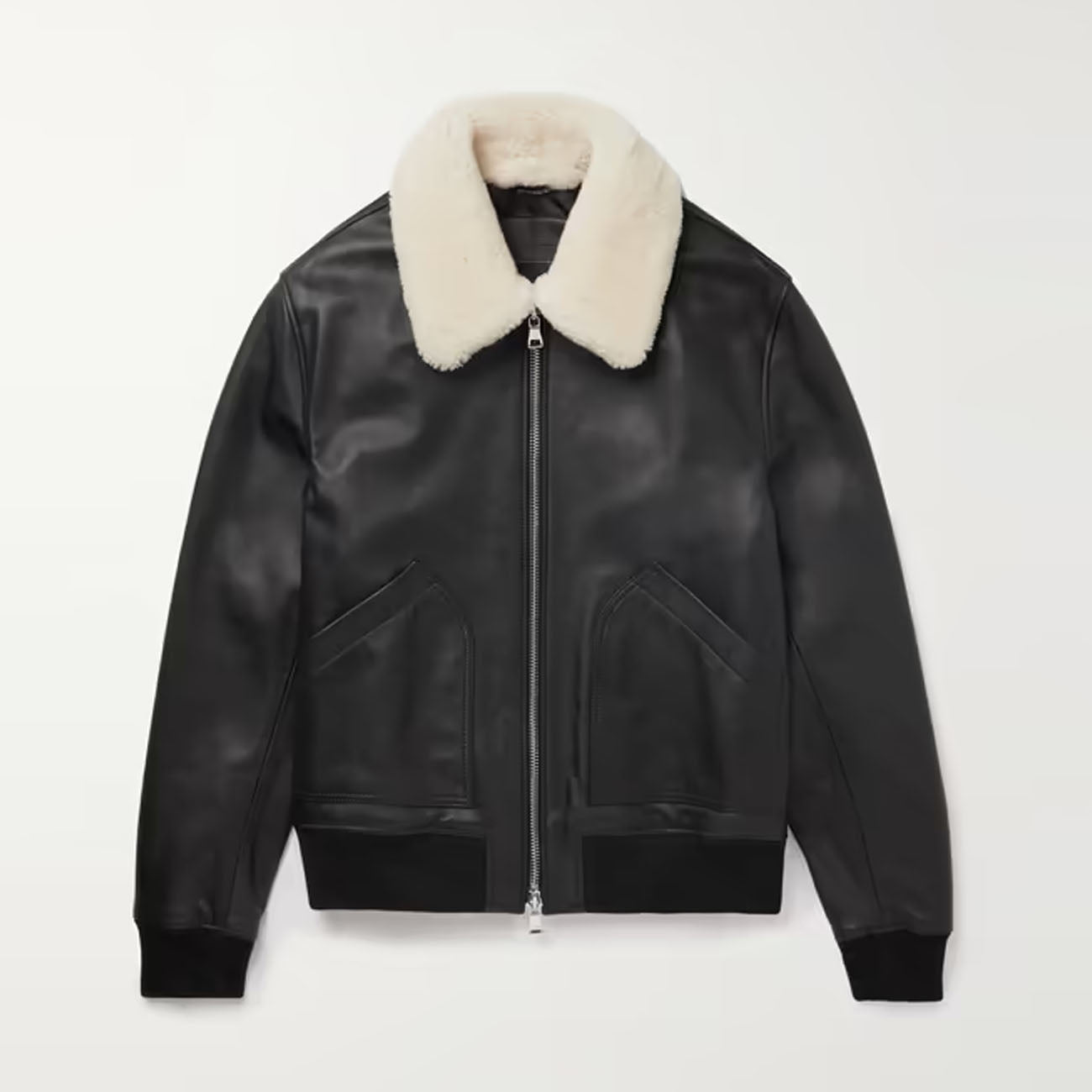 Men Sheepskin Bomber Aviator RAF Flying Fur Collar Black Shearling Leather Jacket