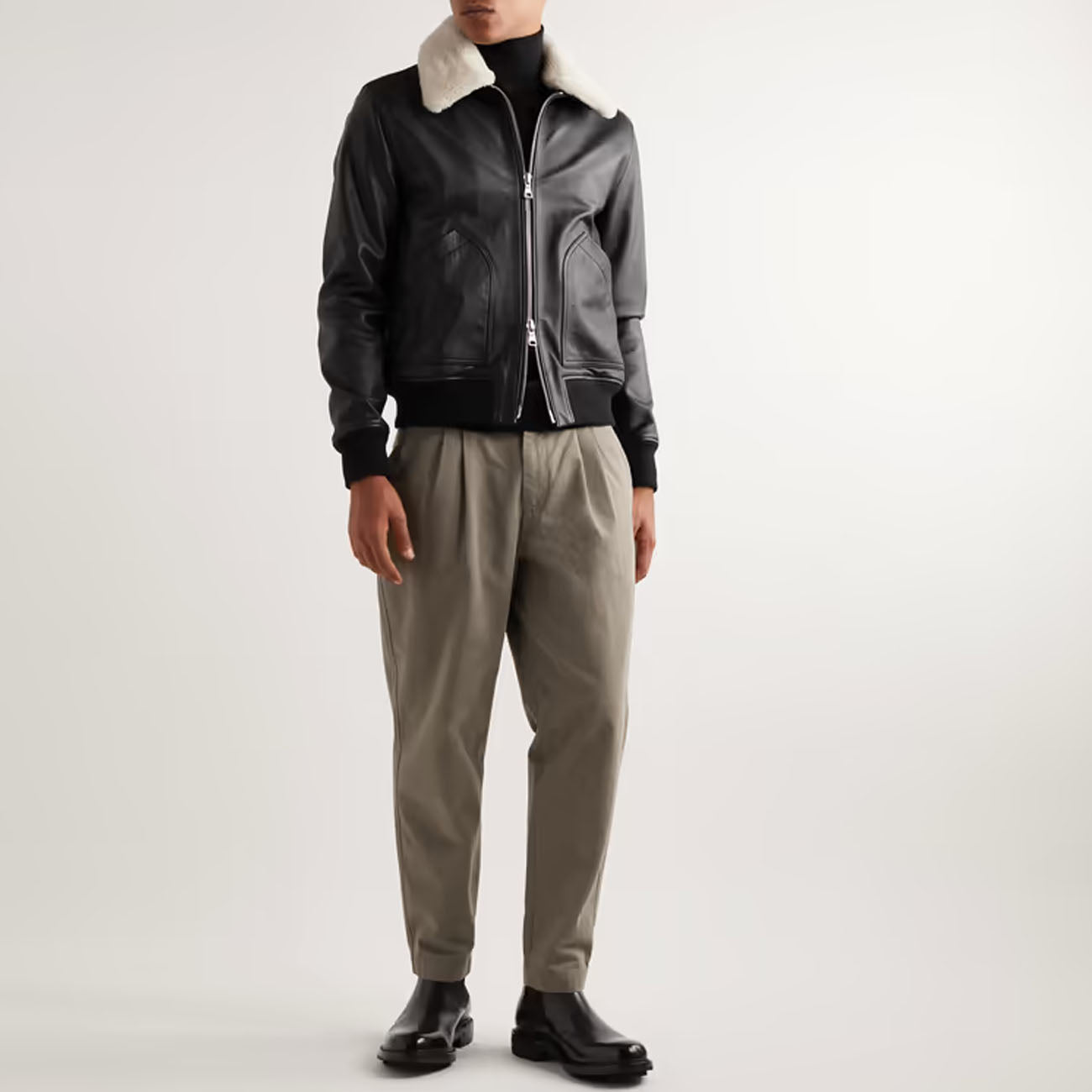 Men Sheepskin Bomber Aviator RAF Flying Fur Collar Shearling Leather Jacket