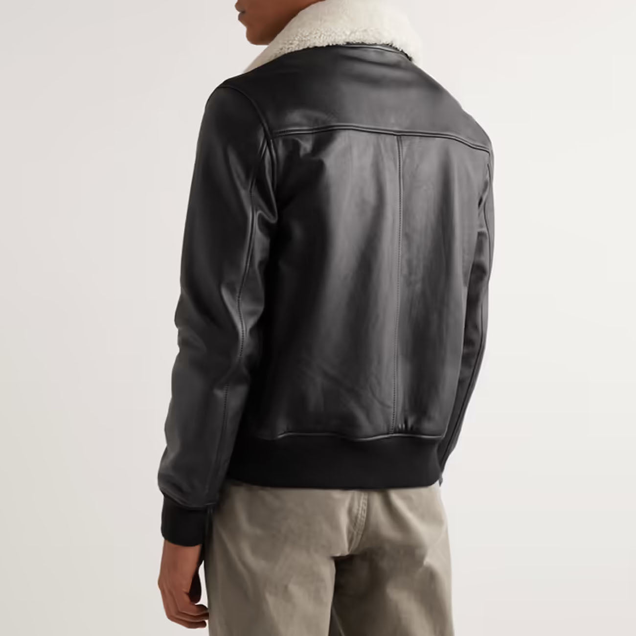 Men Sheepskin Bomber Aviator Flying Fur Collar Black Shearling Leather Jacket