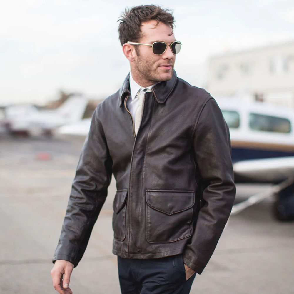 Mens Brown Aviator Military A-2 Airforce Flight Leather Jacket