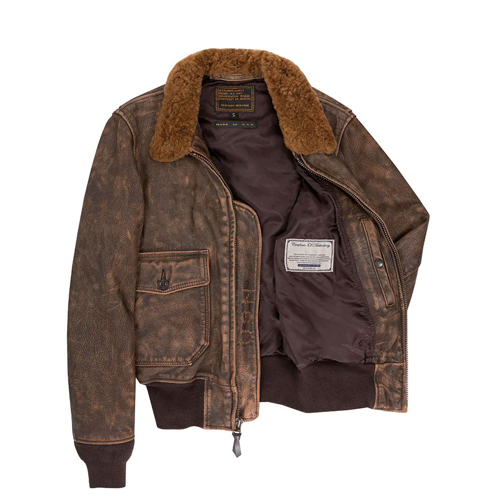 Men Brown Pilot Military G-1 Airforce Fur Collar Bomber Leather Jacket