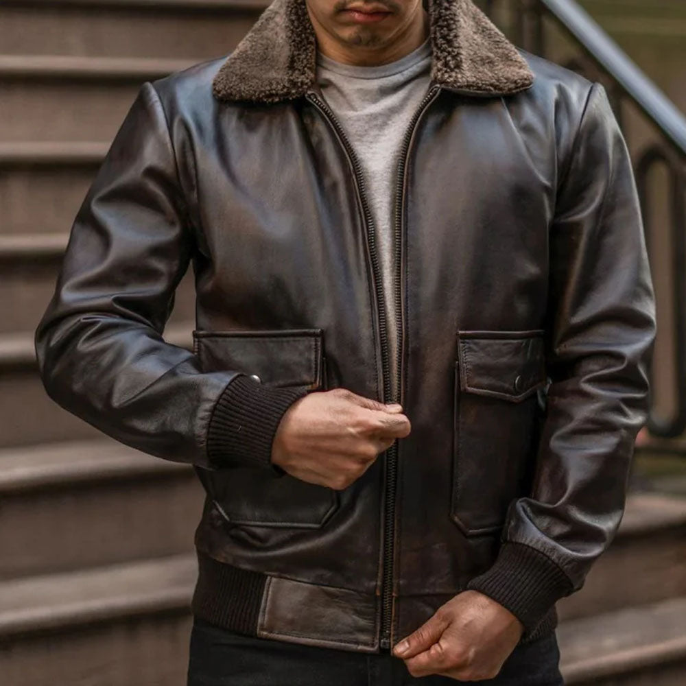 Men's Flight Military G-1 Aviator Pilot Bomber Leather Jacket