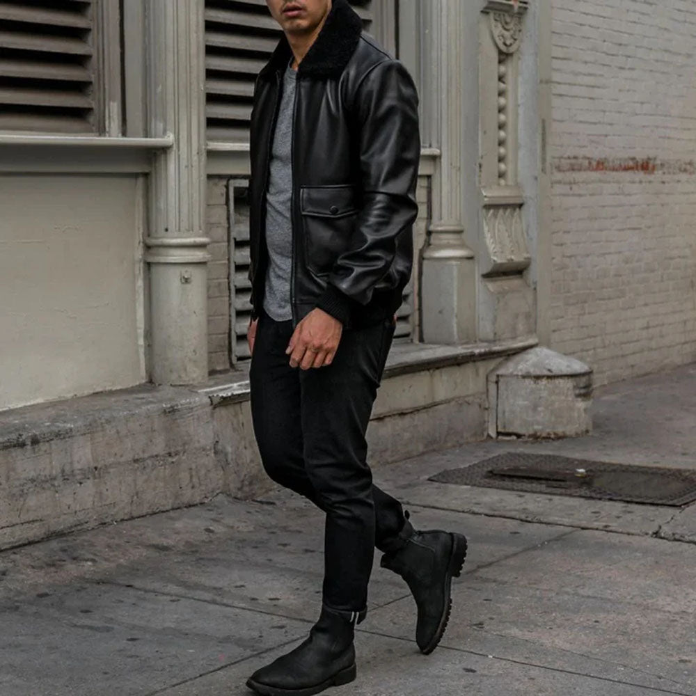 Men Bomber G-1 Pilot Flying Black Flight Leather Jacket