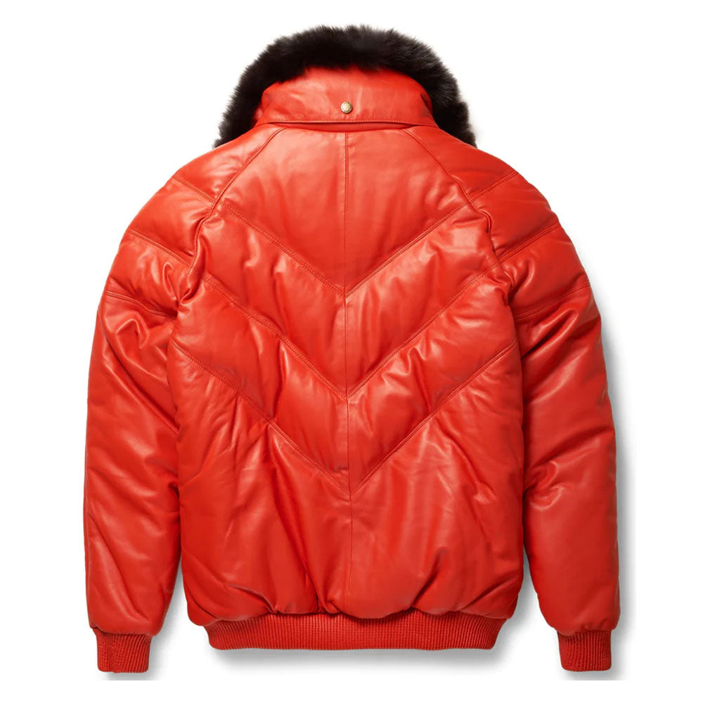 Orange Leather Sheepskin V-Bomber Bubble Jacket