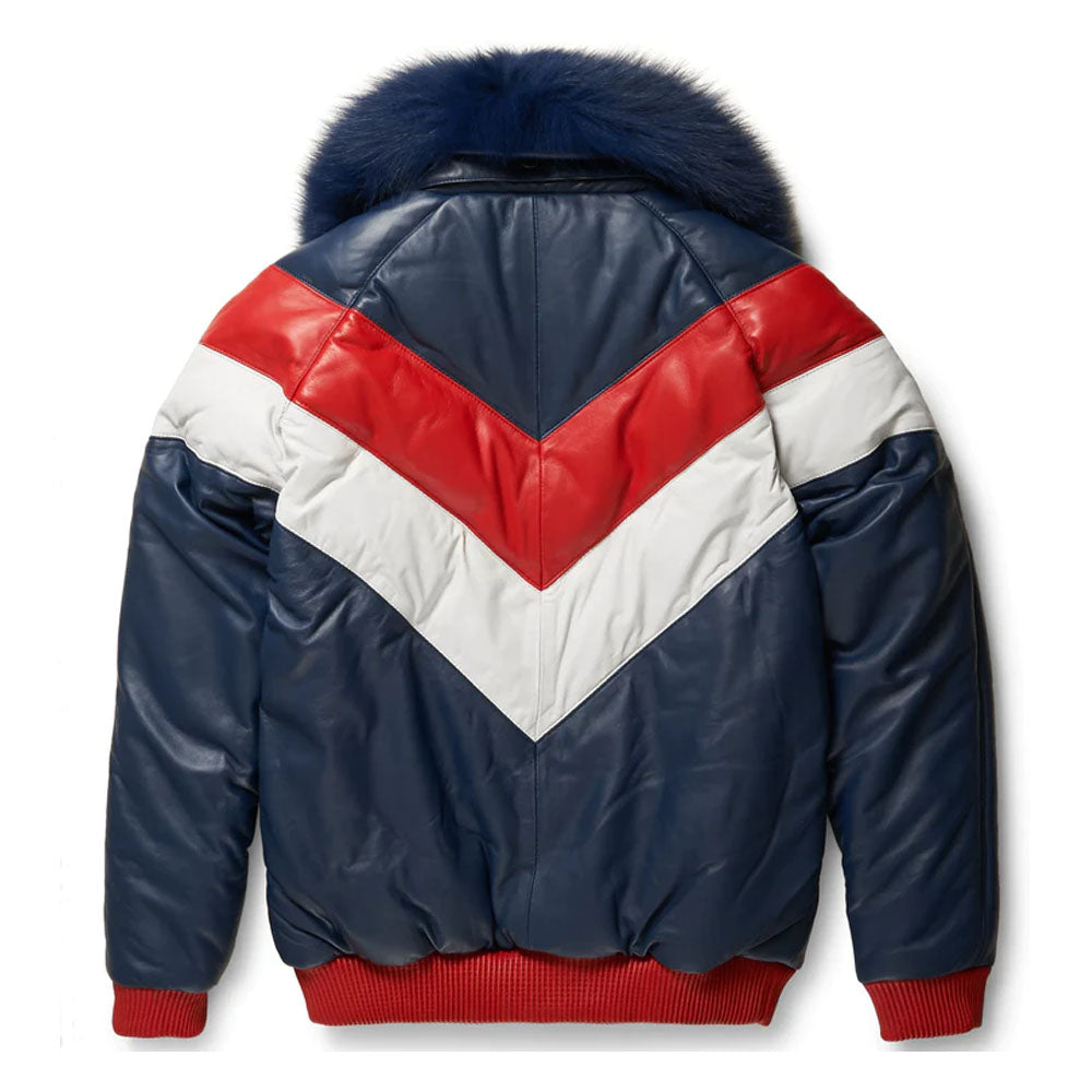 Two-Tone Bubble Shearling Collar V-Bomber Leather Jacket