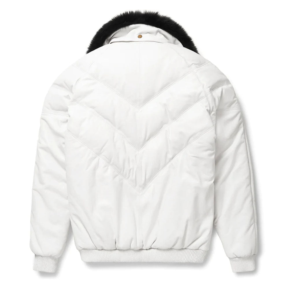 Men Bubble Shearling Collar V-Bomber Leather Jacket