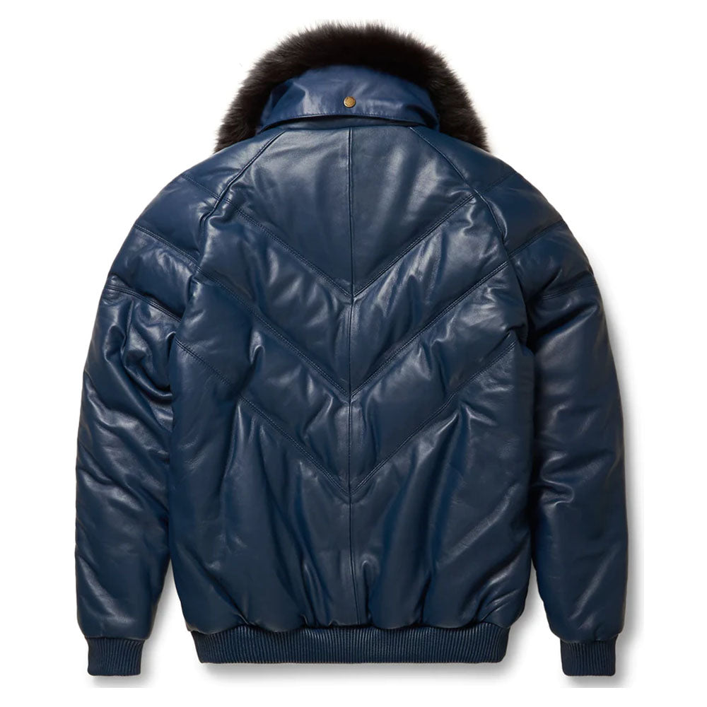 Navy Blue V-Bomber Shearling Collar Bubble Leather Jacket
