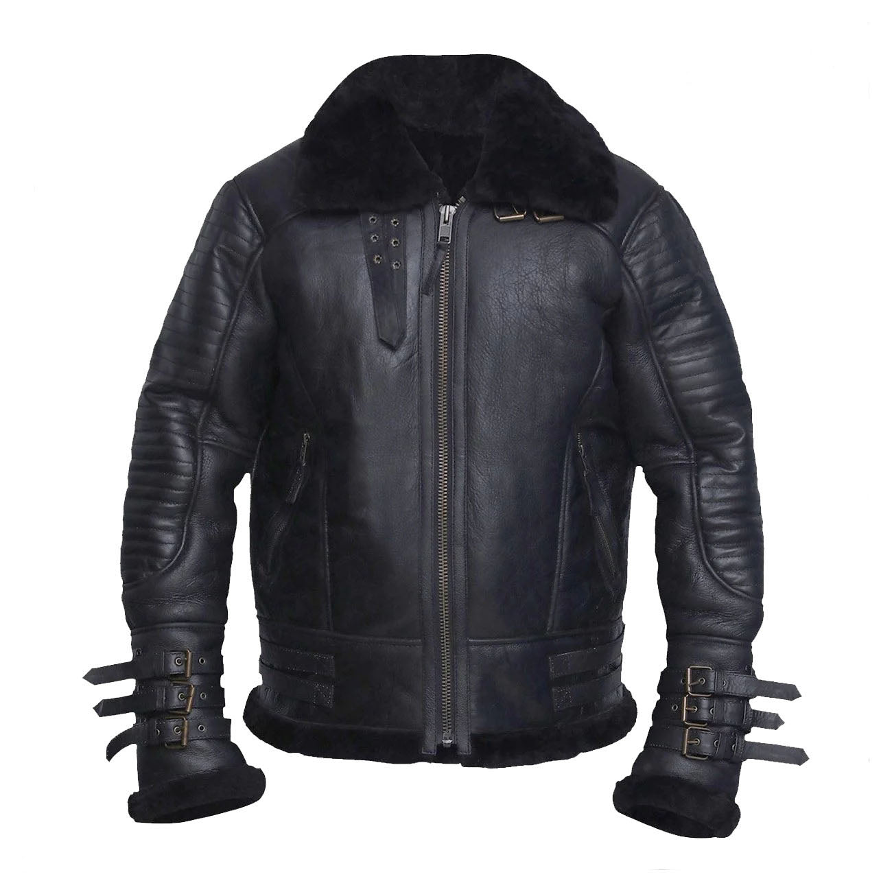 Front view of Men's Aviator B3 Shearling Bomber Jacket in black sheepskin leather.