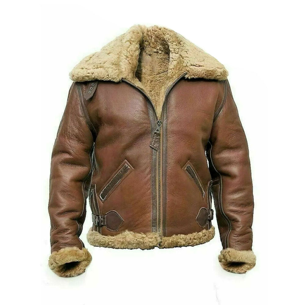 Aviator Sheepskin B3 Flight Bomber Pilot RAF Brown Fur Flying Shearling Leather Jacket