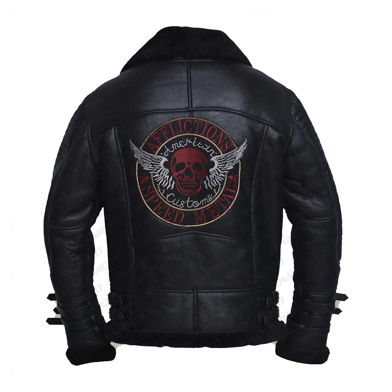 Back view of Men's Aviator B3 Shearling Bomber Jacket featuring patch detail.Leather Jacket