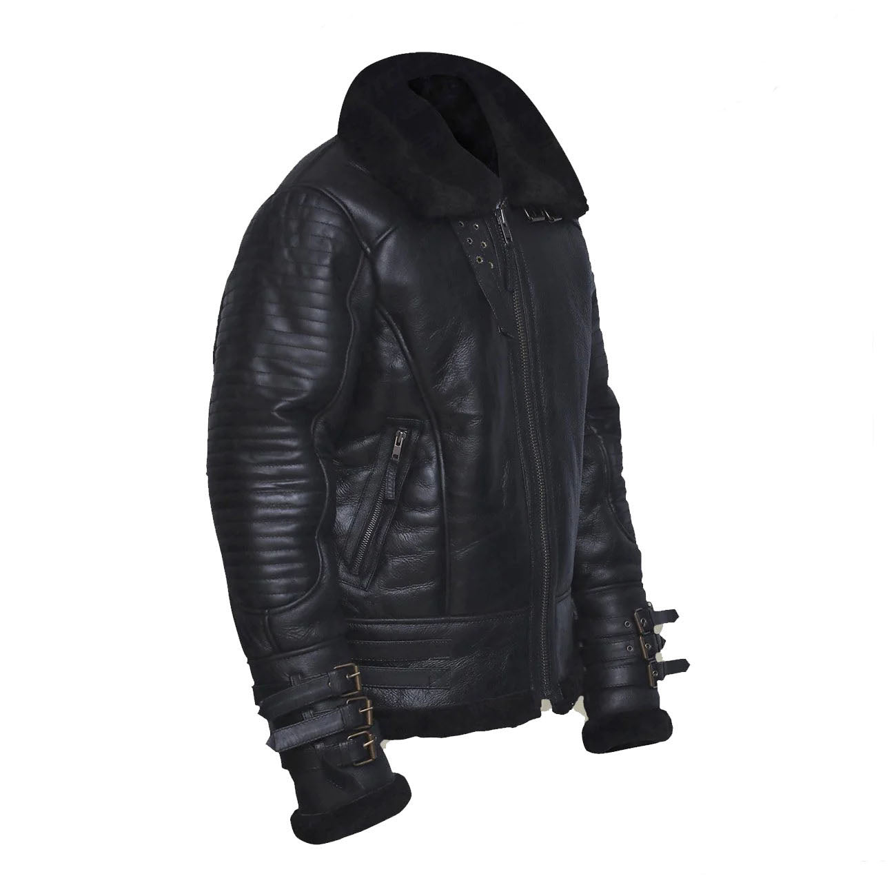 Side view of Men's Aviator B3 Shearling Bomber Jacket showcasing sleek design.