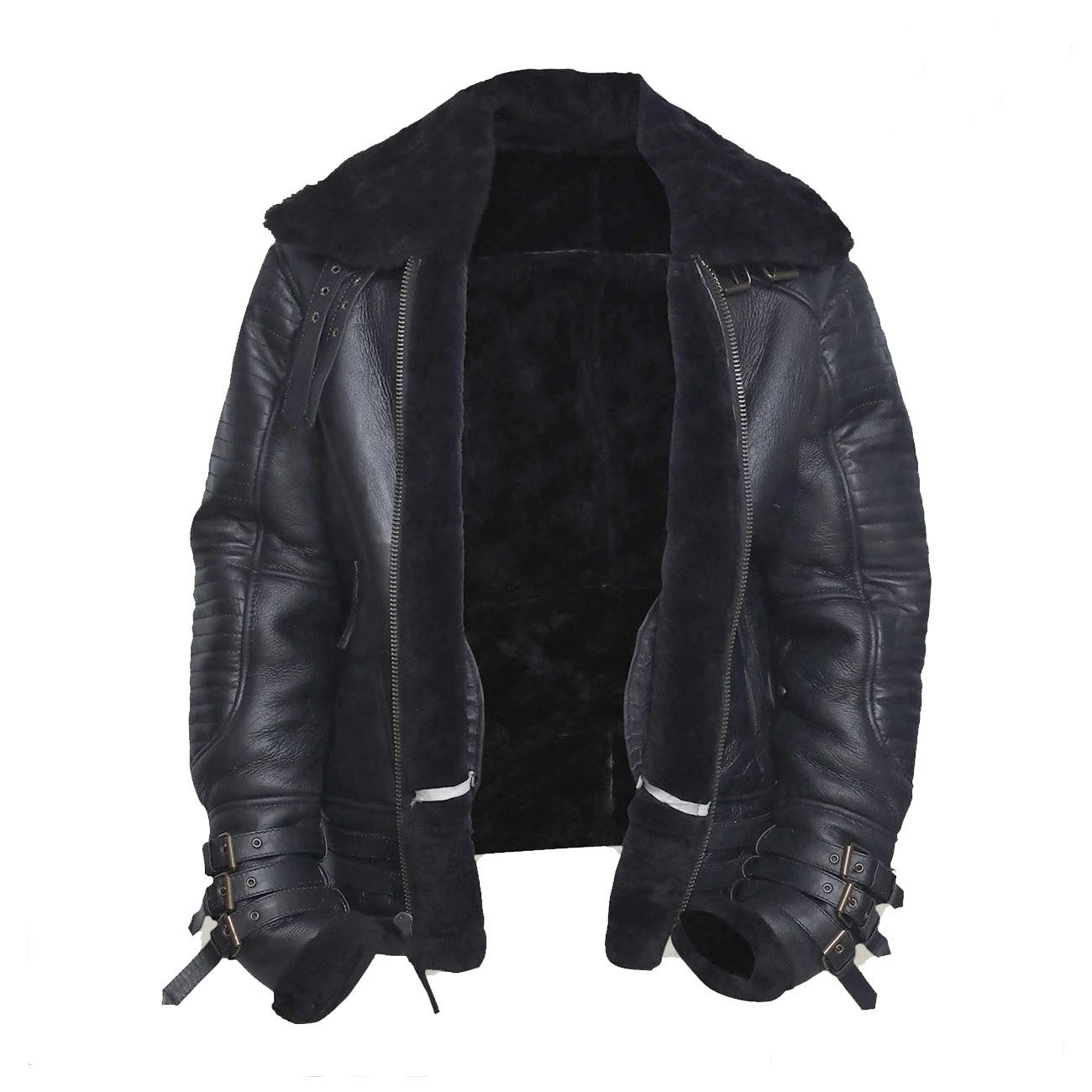 Close-up of open zip closure on Men's Aviator B3 Bomber Jacket showing fur lining.Leather Jacket