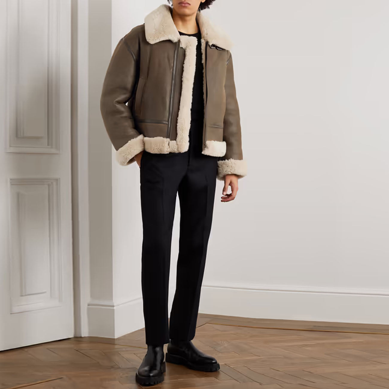 Men Sheepskin RAF Aviator Flight Fur Shearling Leather Jacket