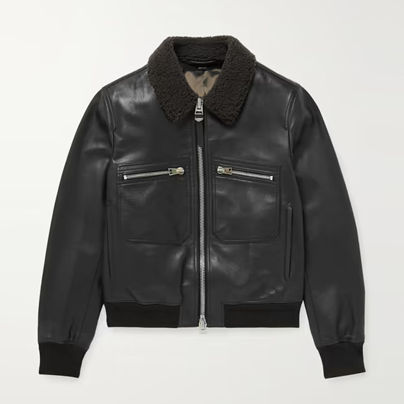 Black leather jacket with fur collar, 
Sheepskin bomber jacket, 
Men's aviator jacket.
