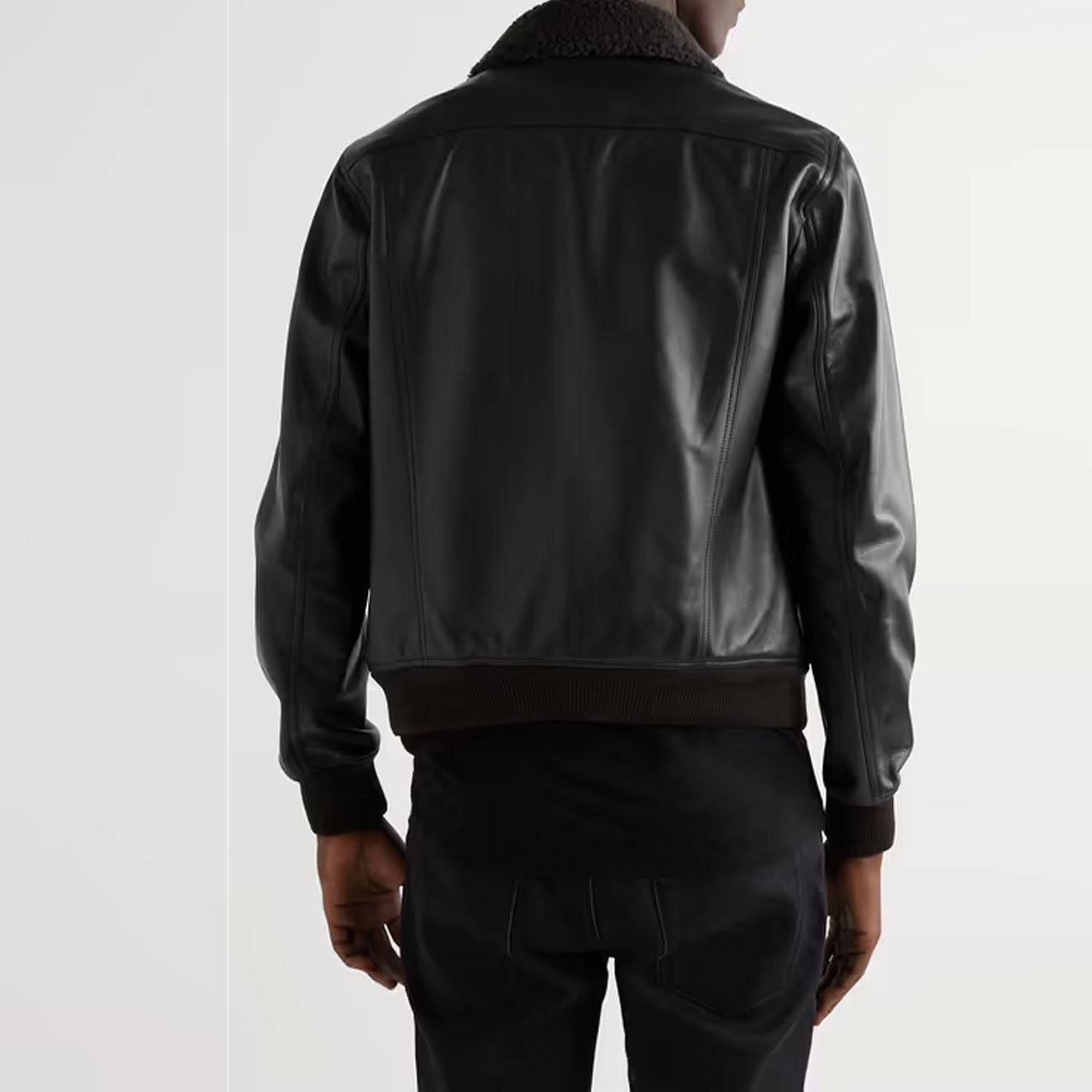 Black leather jacket with fur collar, 
Sheepskin bomber jacket, 
Men's aviator jacket.