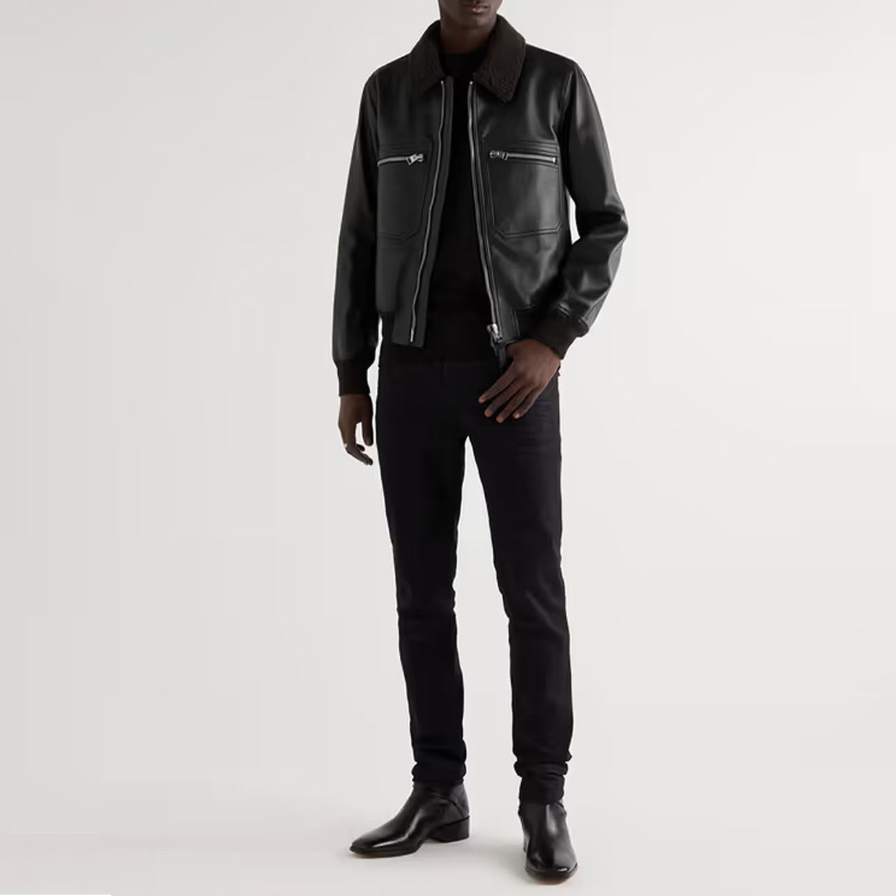 Black leather jacket with fur collar, 
Sheepskin bomber jacket, 
Men's aviator jacket.