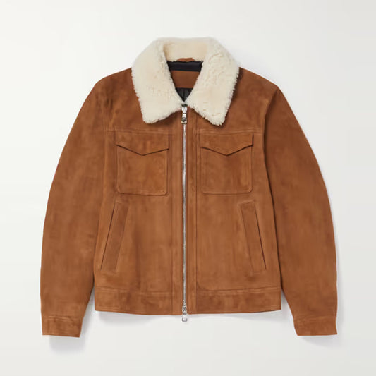 Men Brown Fur Collar Trucker Shearling Trimmed Suede Leather Jacket