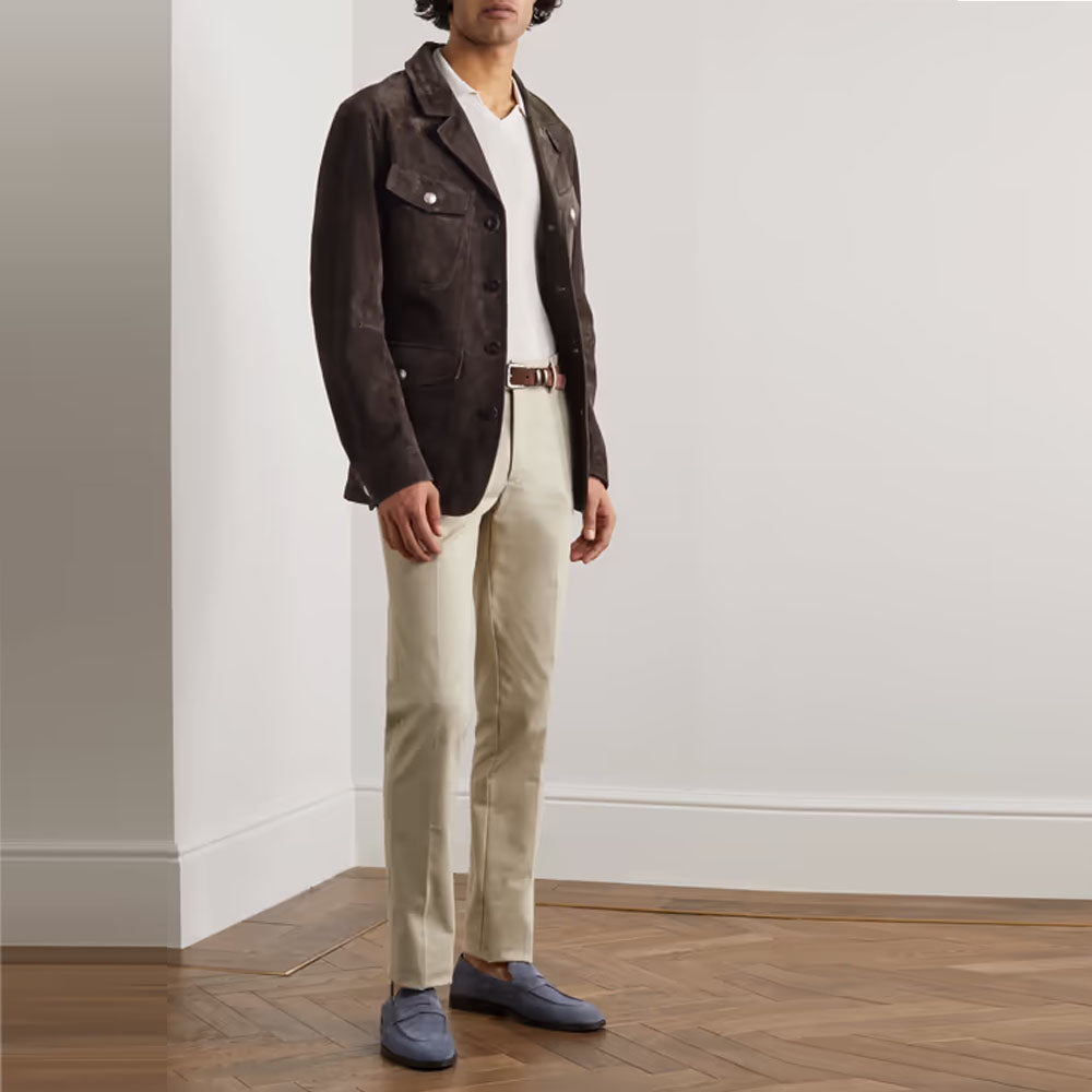 Men Dark Brown Sheepskin Trucker Leather Jacket