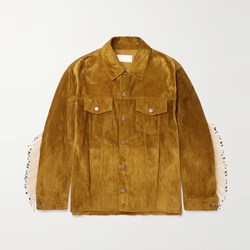 Men Brown Trucker Cowboy Faux Pearl Sheepskin Suede Leather Jacket